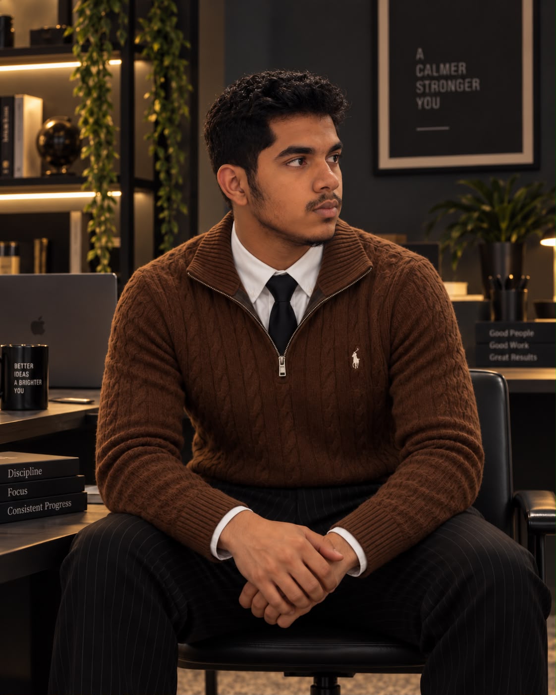 Omar Imran seated in a dark brown sweater and white shirt.