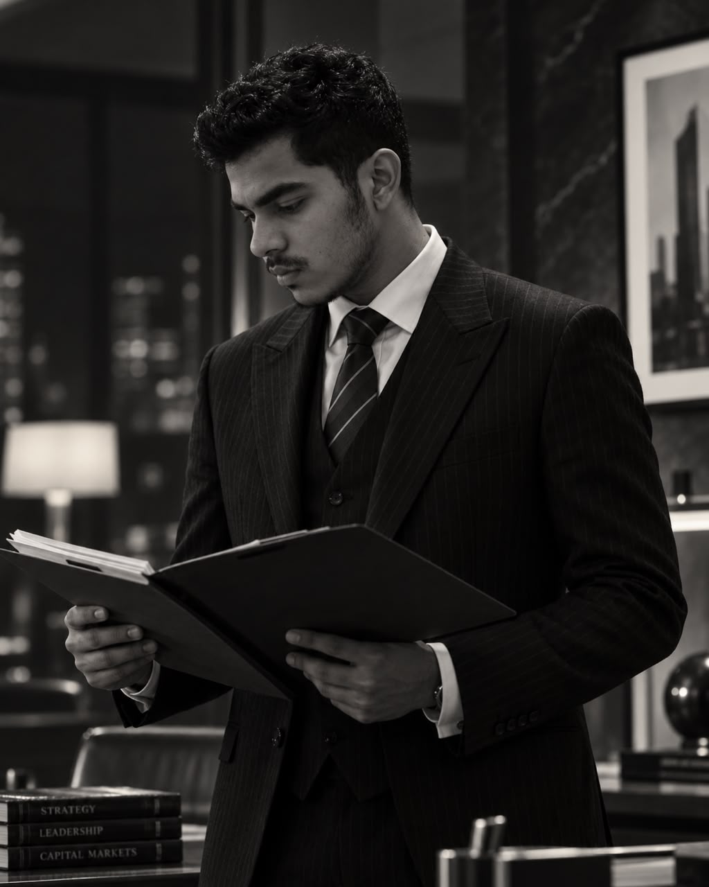Omar Imran reading a document in a monochrome portrait.